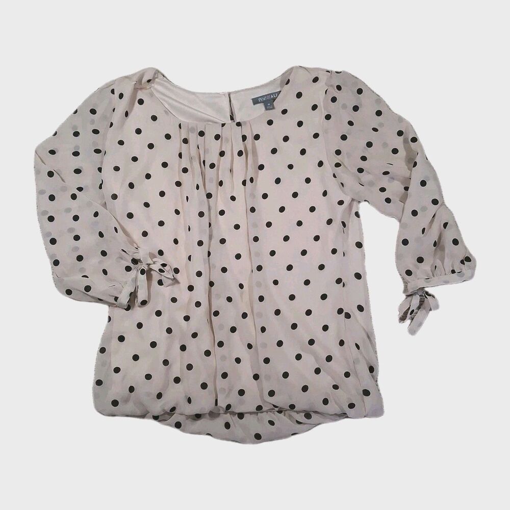 Roz & Ali Polka Dot Blouse Cream Black Tie Sleeve Bow Cuff Round Neck Top SZ M - Picture 1 of 10